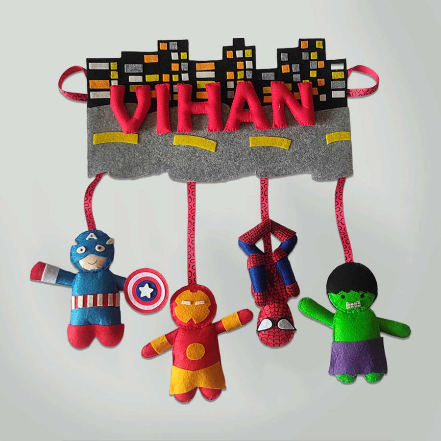 Personalized Handmade Avengers City Felt Name Plate - Front View Hanging Toy Display