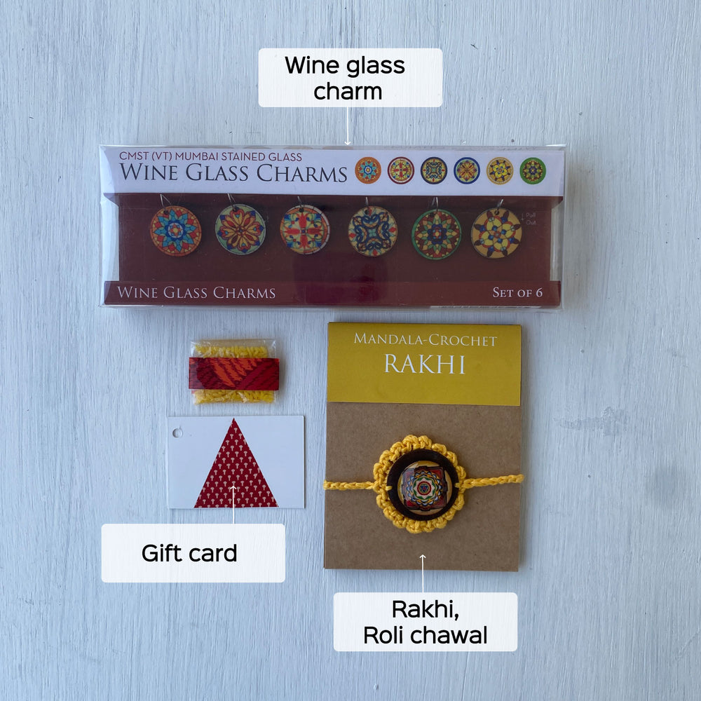 Handcrafted Crochet Folk Art Rakhi Hamper For Young Adults With Rice Roli Haldi 2 - Flat Lay with Labels