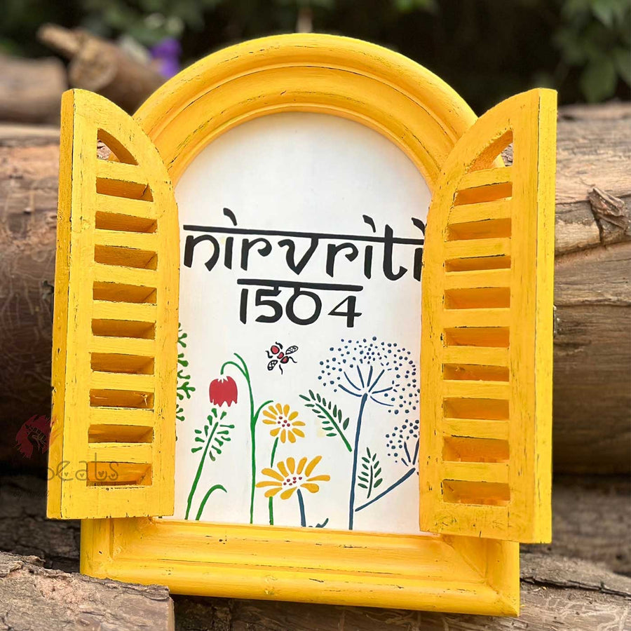 Arched Vintage Window Name Plate With Wild Flowers Copy 1 - Front View with Open Shutters