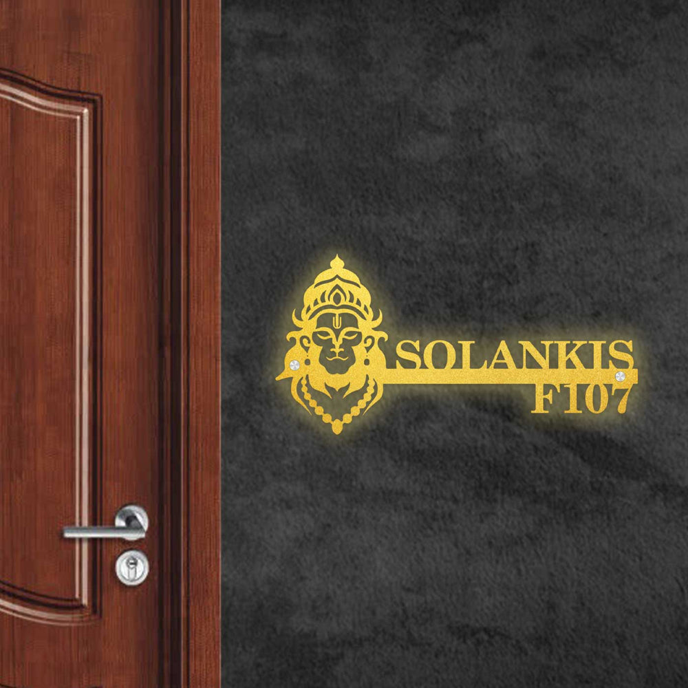 Personalized Meditating Hanuman Laser Cut Metal Name Plate - Mounted Beside Door Frame