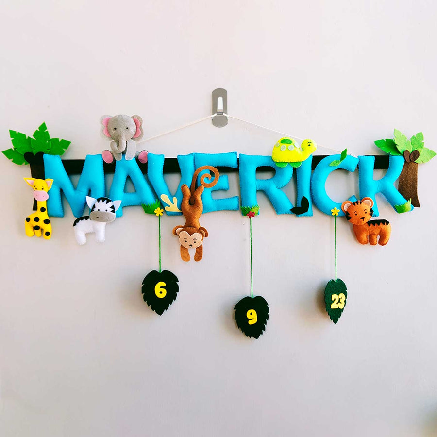 Personalized Blue Jungle Theme Felt Kids Name Plate - Front View Hanging on Wall