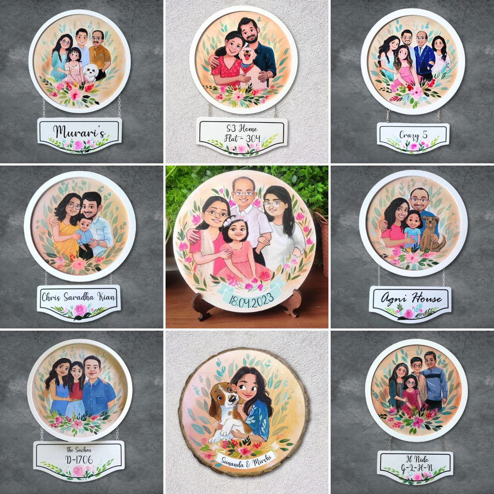 Photo Caricature Hanging Nameplate Small Family With Pets 4 - Framed Wall Display with Name Plaque