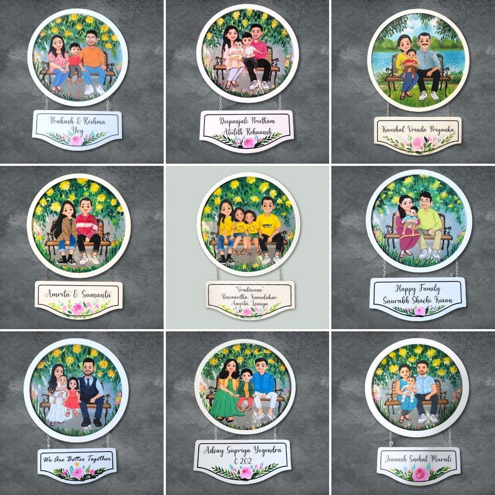 Photo Caricature Bark Nameplate With Stand For Small Family 1 - Name Personalization Examples Front View