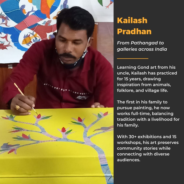 11 x 15 Inch | Colorful Elephant & Birds in Harmony | Original Hand painted Tribal Gond Art Painting | Acrylic Paints On Paper