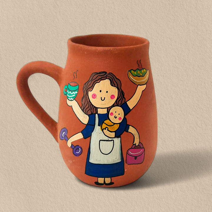 Handpainted Terracotta Mug With Multitasker Mom Avatar Illustrations