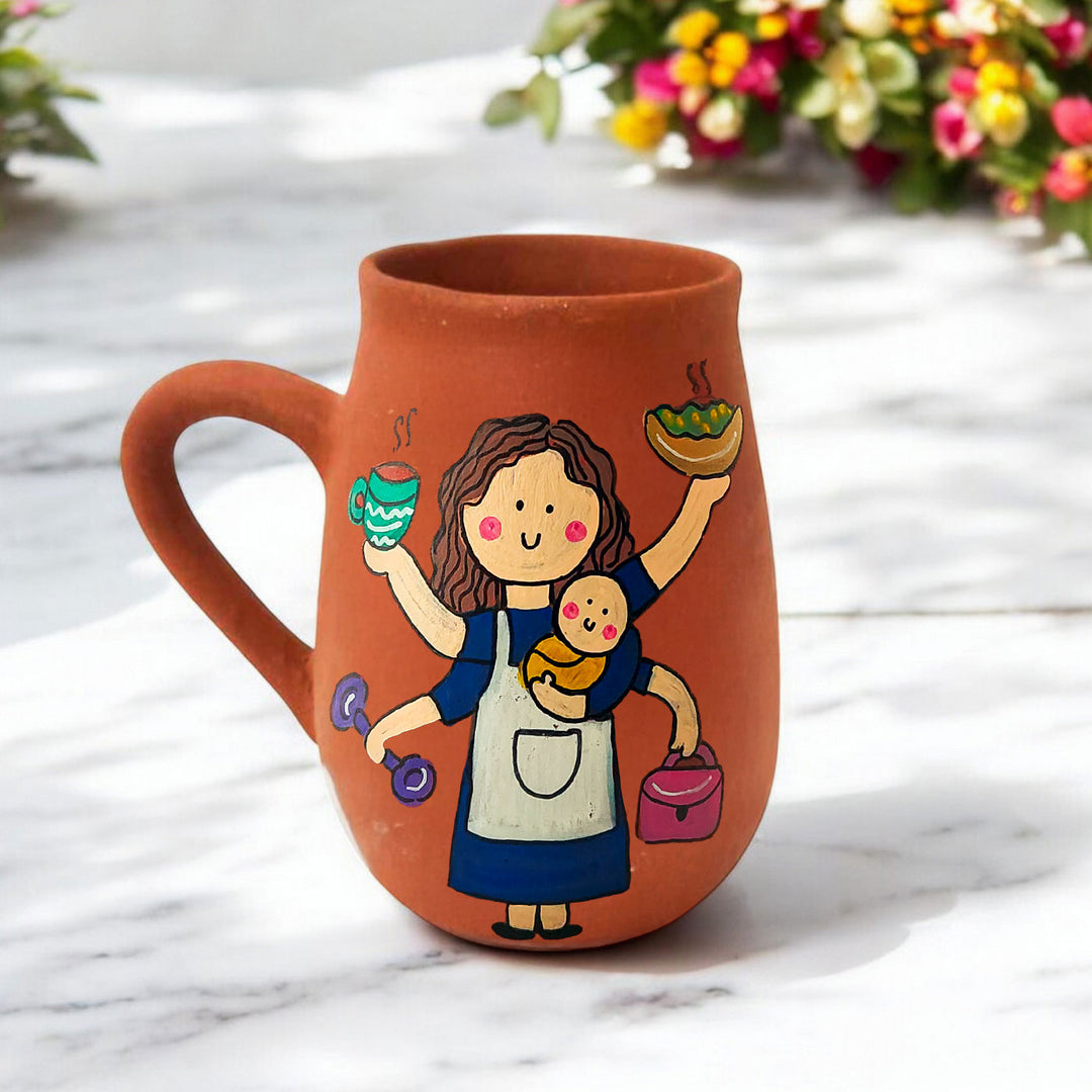 Handpainted Terracotta Mug With Multitasker Mom Avatar Illustrations