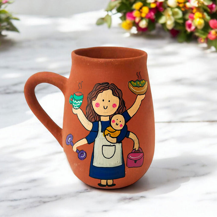 Handpainted Terracotta Mug With Multitasker Mom Avatar Illustrations
