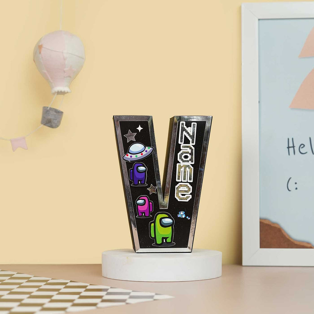 Personalized Printed Among Us 3D Cardstock Monogram For Kids - Front View on Display Stand