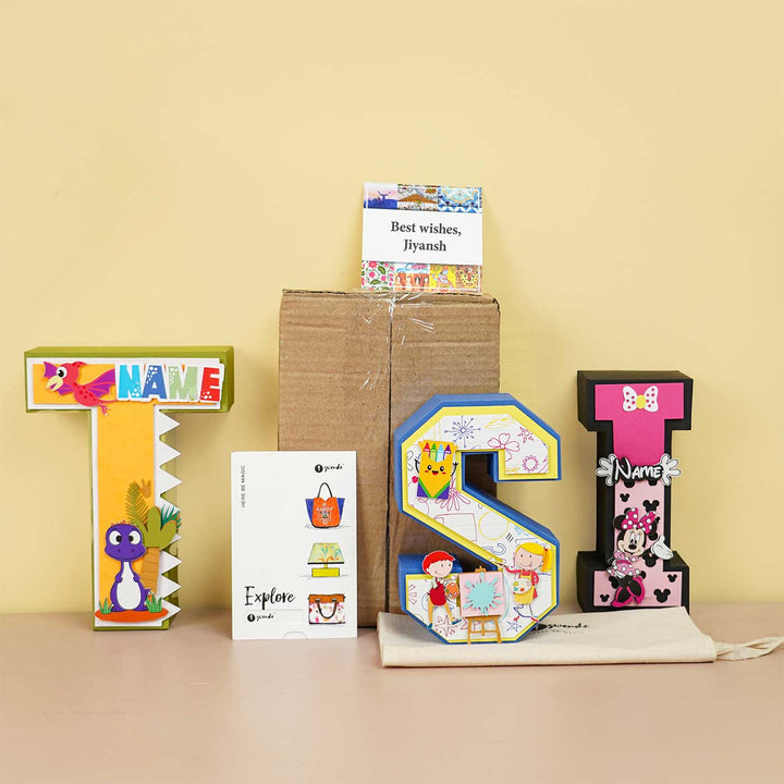 Personalized Printed Paw Patrol 3D Cardstock Monogram For Kids - Front View with Packaging and Cards