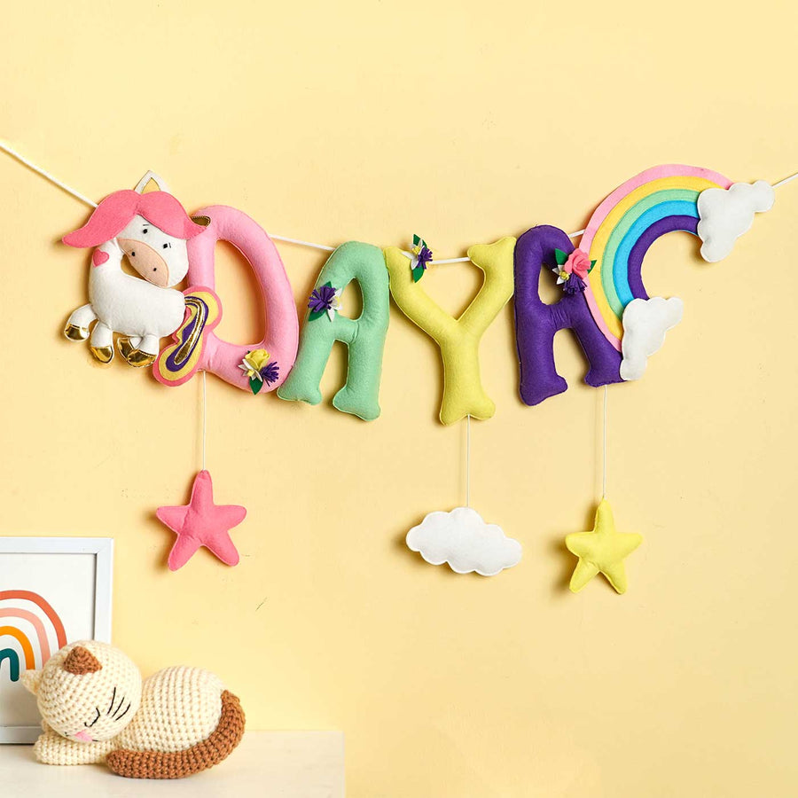 Personalized Handmade Unicorn And Rainbow Theme Felt Kids Bunting - Hanging Name Banner Display Front View