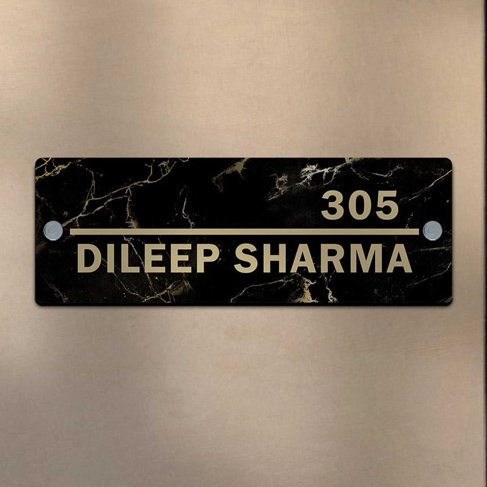 Personalized Printed Black And Gold Acrylic Nameplate - Mounted on Wall Front View