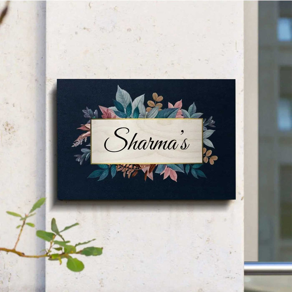 Printed Blue Spring Floral Wooden Rectangle Nameplate For Family - Mounted on Outdoor Wall