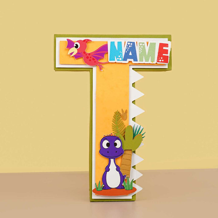 Personalized Printed Dinosaur Theme For Boy Cardstock Monogram - Front View with Personalized Name Example