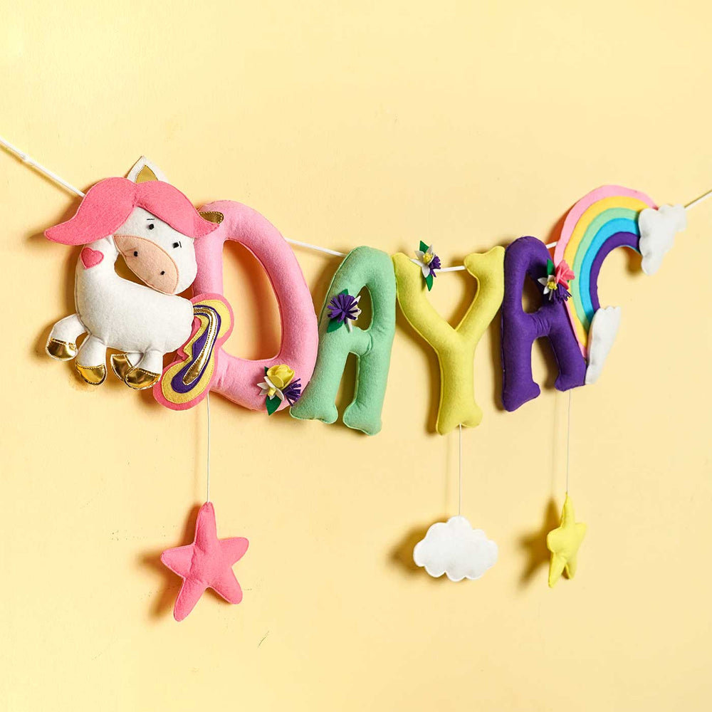 Personalized Handmade Unicorn And Rainbow Theme Felt Kids Bunting - Hanging Name Banner Front View