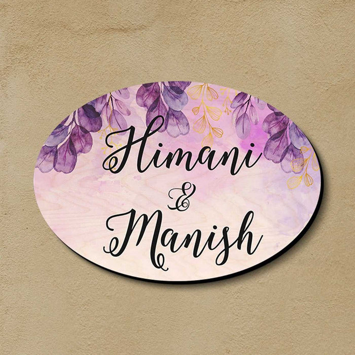 Printed Purple Spring Floral Wooden Oval Nameplate - Mounted on Wall Front View