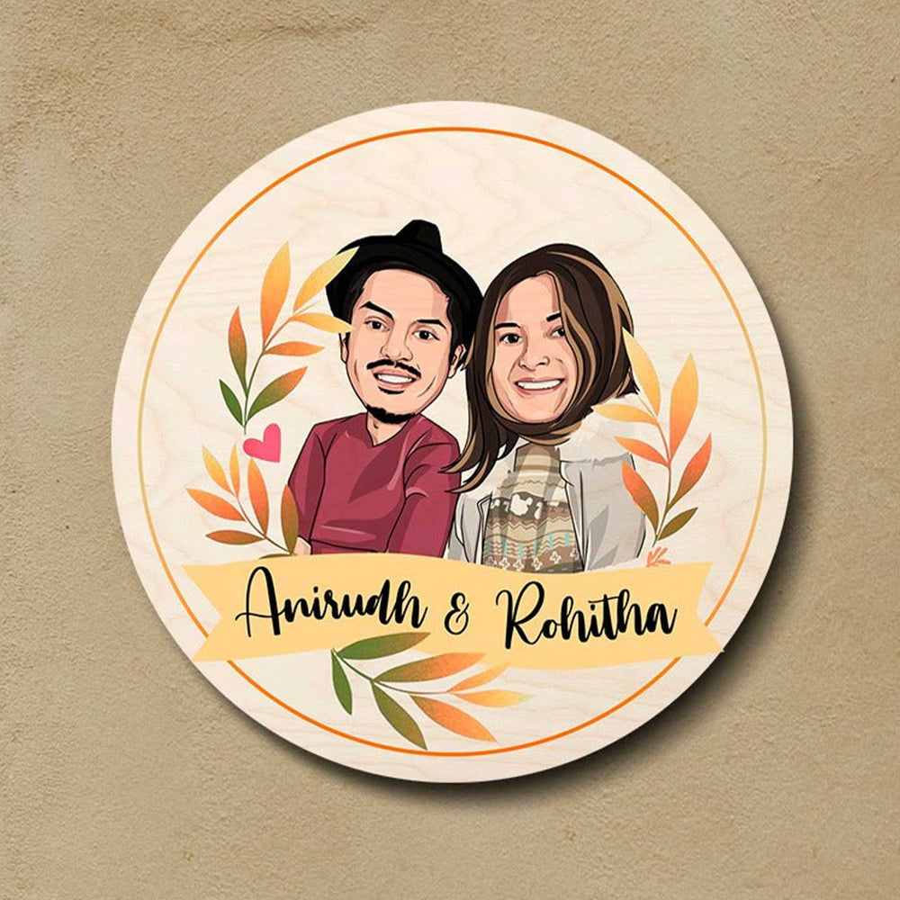 Printed Character Wooden Round Nameplate For Couples - Mounted on Wall Flat View
