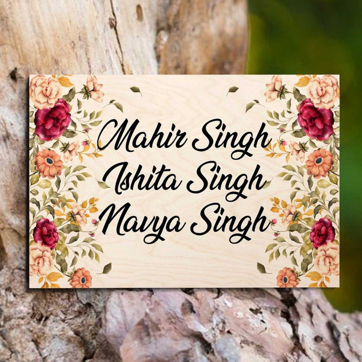 Printed Floral Wooden Rectangle Nameplate For Family - Name Personalization Example on Wood