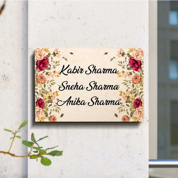 Printed Floral Wooden Rectangle Nameplate For Family - Mounted on Exterior Wall Close-up