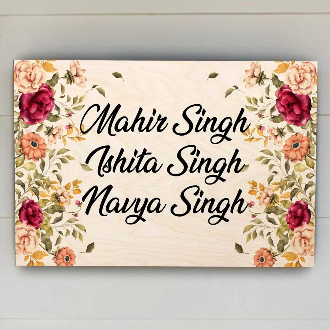 Printed Floral Wooden Rectangle Nameplate For Family - Front View with Name Personalization