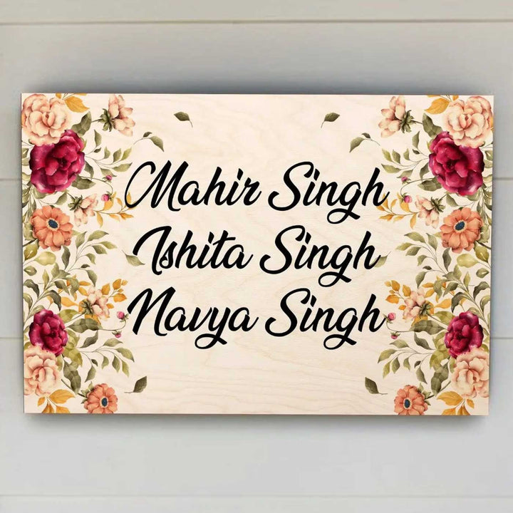 Printed Floral Wooden Rectangle Nameplate For Family - Front View with Name Personalization