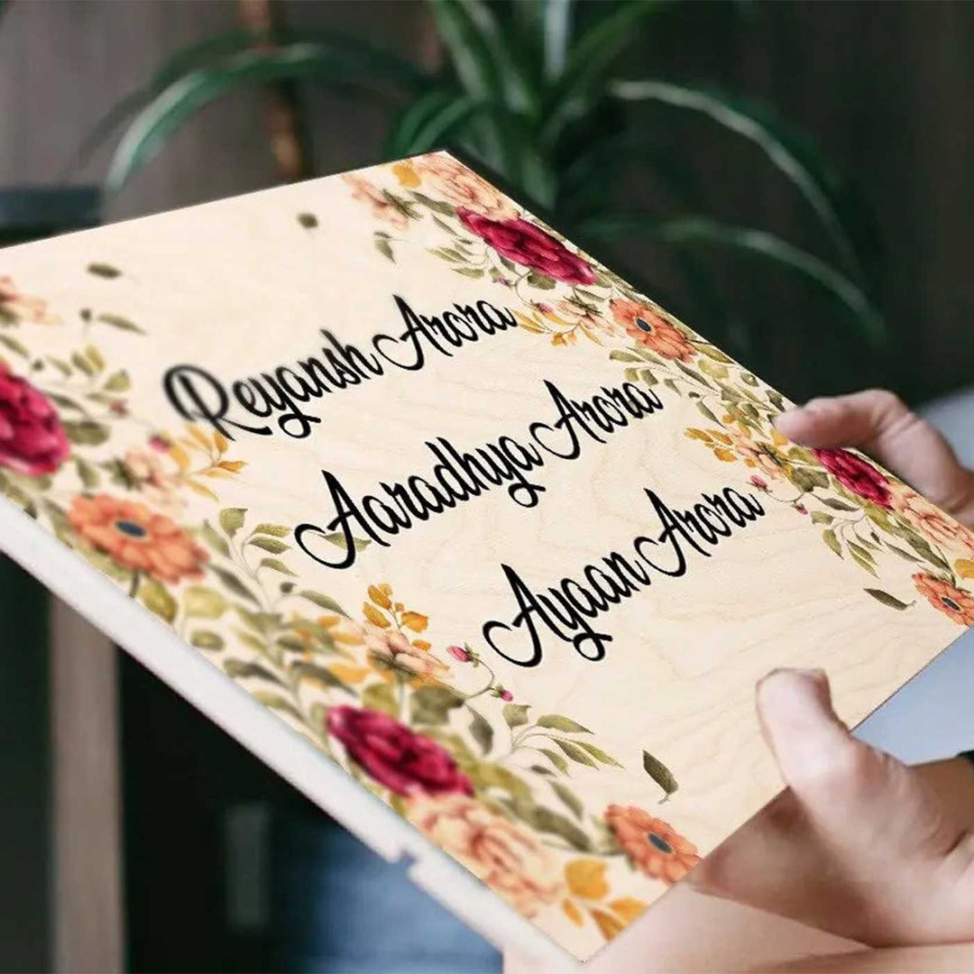 Printed Floral Wooden Rectangle Nameplate For Family - Personalized Name Display Close-up