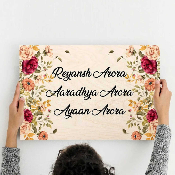 Printed Floral Wooden Rectangle Nameplate For Family - Name Personalization Example Held by Hands