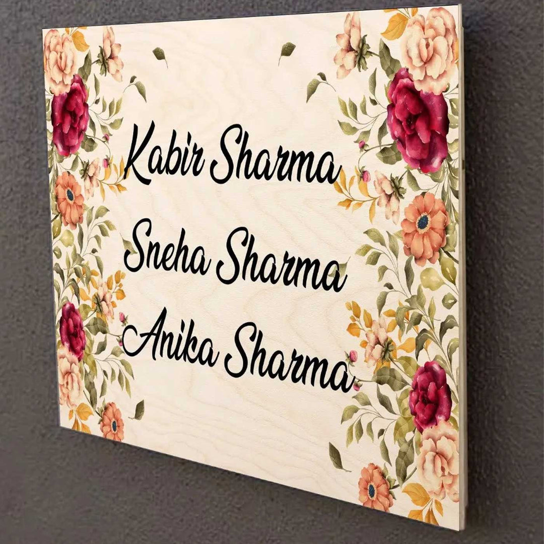 Printed Floral Wooden Rectangle Nameplate For Family - Mounted on Wall Name Personalization