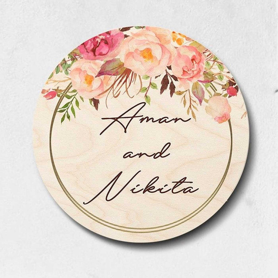 Printed Pink Floral Wooden Round Nameplate For Couples - Name Personalization Example Front View