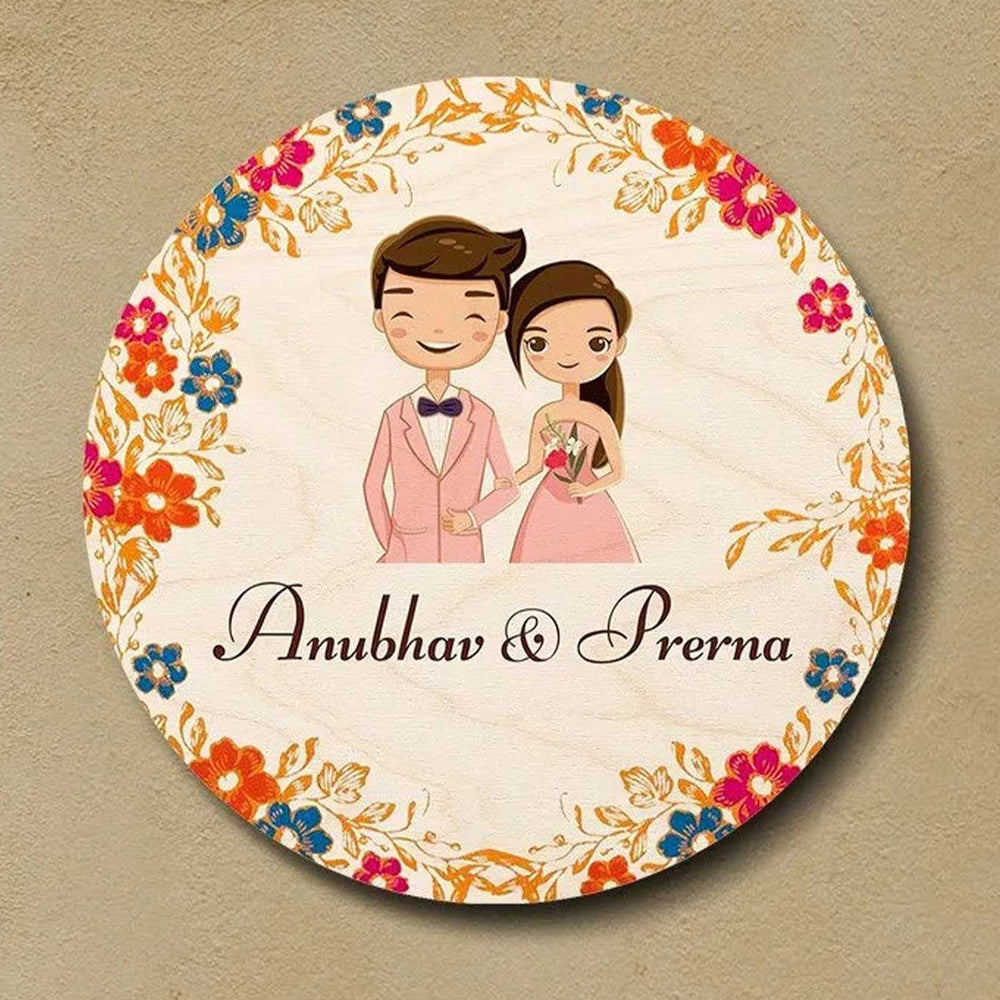 Printed Multicolour Floral Wooden Round Nameplate For Couples - Front View with Personalized Names