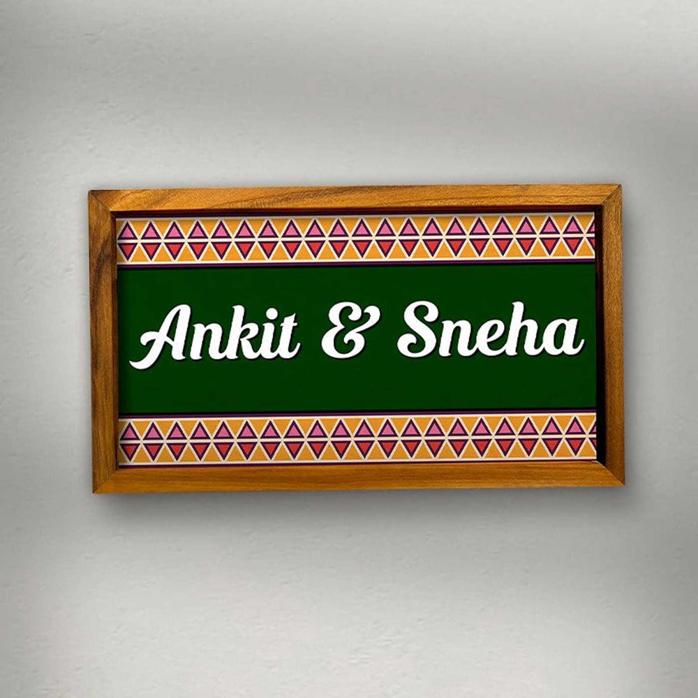 Wooden Personalized Framed Green Family Nameplate - Front View Hanging on Wall