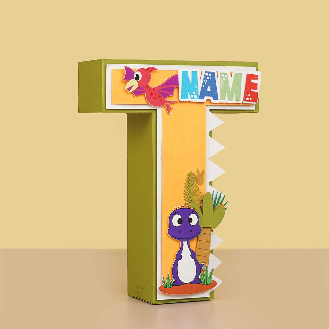 Personalized Printed Dinosaur Theme For Boy Cardstock Monogram - Standing Front Angle View