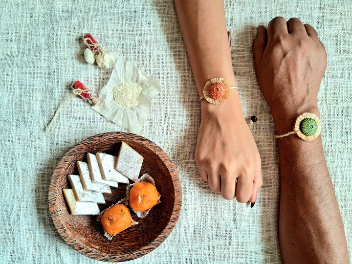 Handmade Papier Mache Rustic And Green Mushroom Rakhi With Roli Chawal Set Of 2 - Worn on wrists during festive occasion