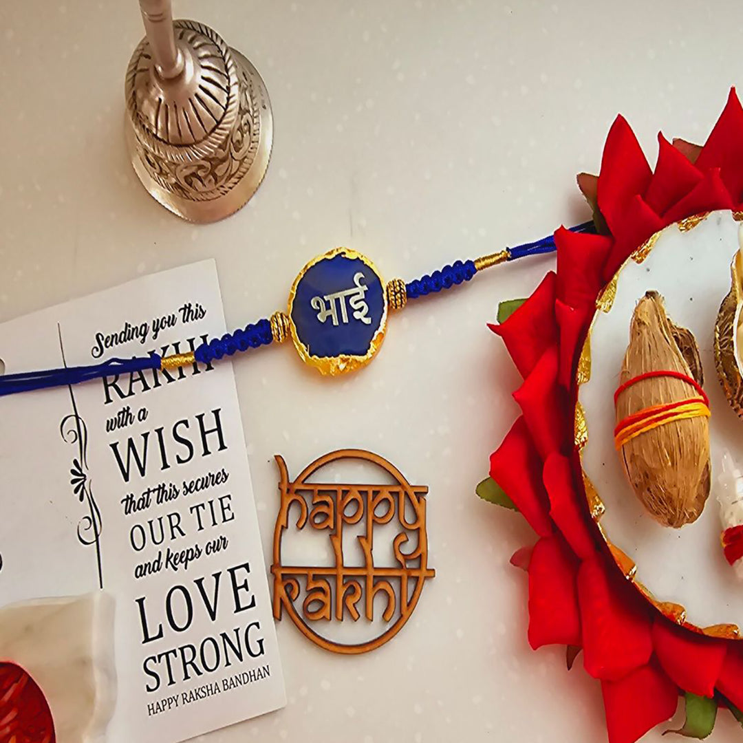 Handmade Blue Bhai Agate Rakhi With Roli Chawal For Brother - Flat Lay Rakhi with Greeting Card