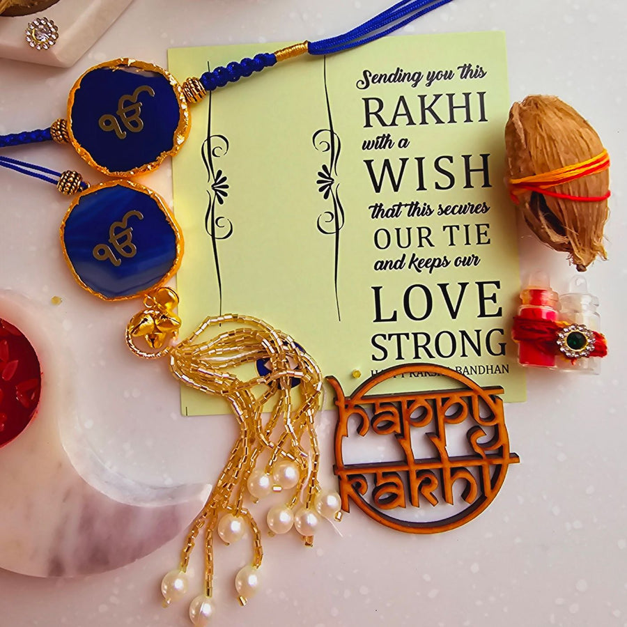 Handmade Ik Onkar Agate Bhaiya Bhabhi Rakhi With Roli Chawal - Front View with Message Card