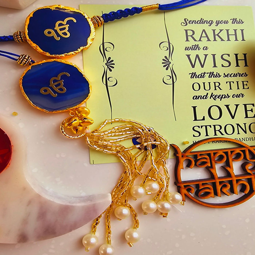 Handmade Ik Onkar Agate Bhaiya Bhabhi Rakhi With Roli Chawal - Close-up View with Message Card