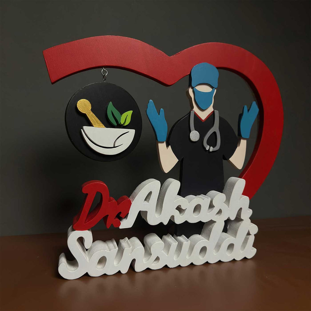 Personalized Ayurvedic Physician Mdf Wood Desk Name Plate - Angled Front View on Surface