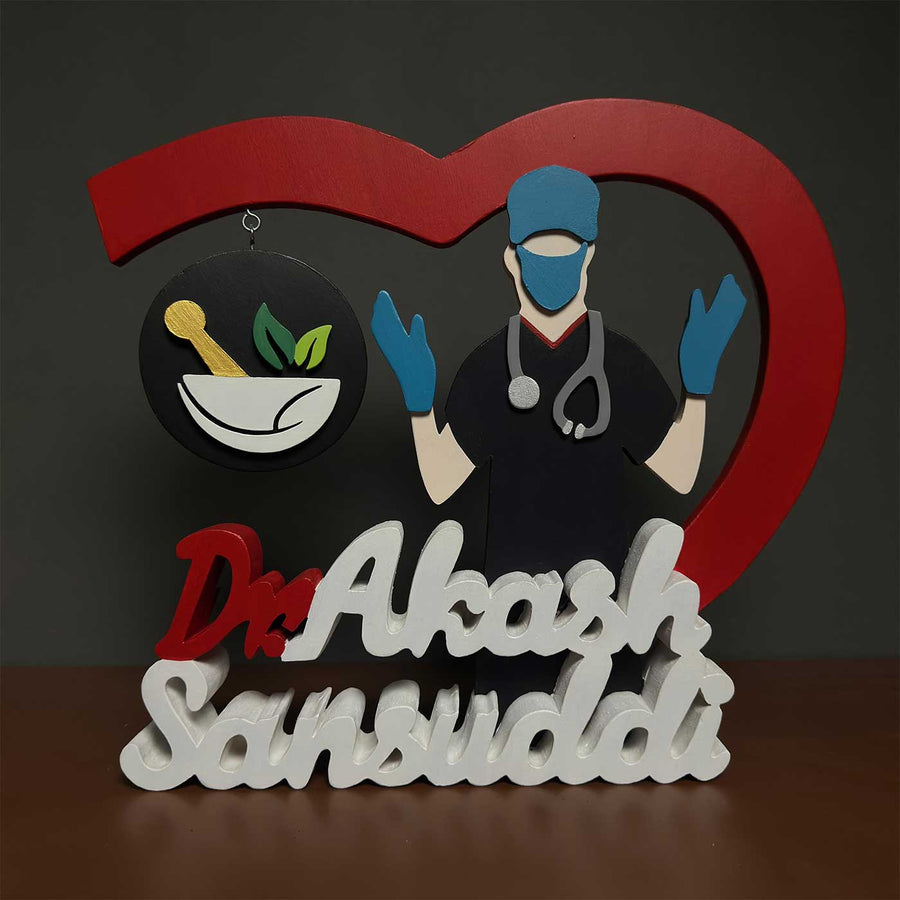 Personalized Ayurvedic Physician Mdf Wood Desk Name Plate - Front View with Name Personalization