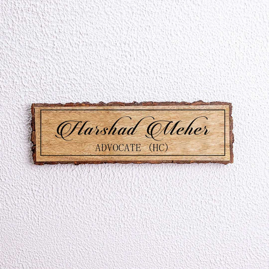 Handcrafted Mango Wood Personalized Name Plate For Advocate - Front View of Wall-Mounted Nameplate