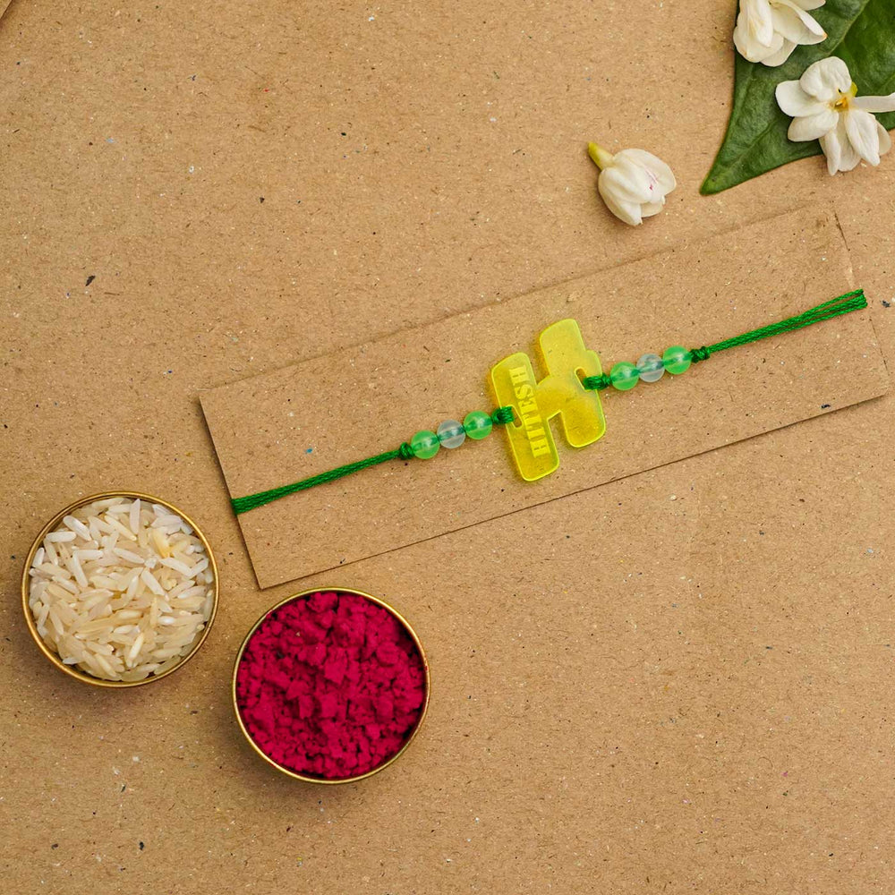 Personalized Handmade Alphabet Name Acrylic Rakhi With Roli Chawal - Green Rakhi with Rice and Kumkum