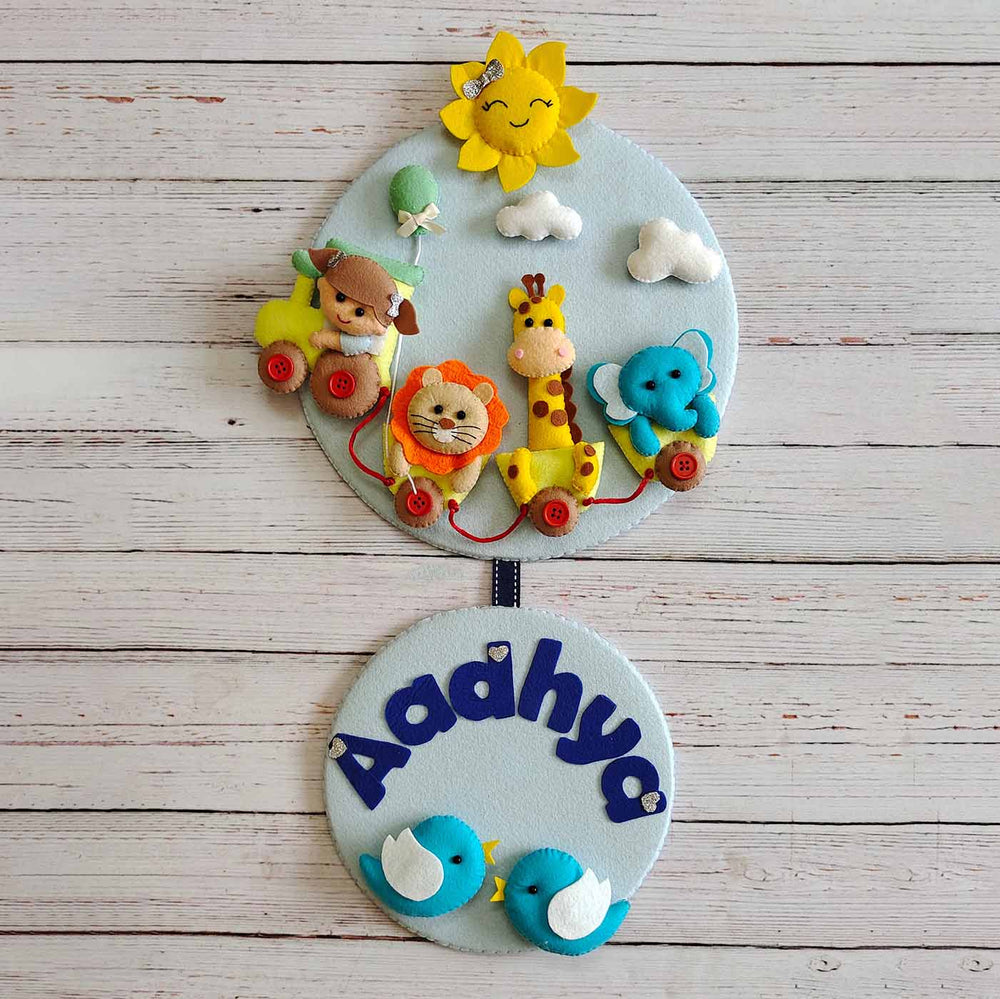 Hand Stitched Animal On Train Themed Felt Kids Name Plate - Front View Hanging Nursery Decoration