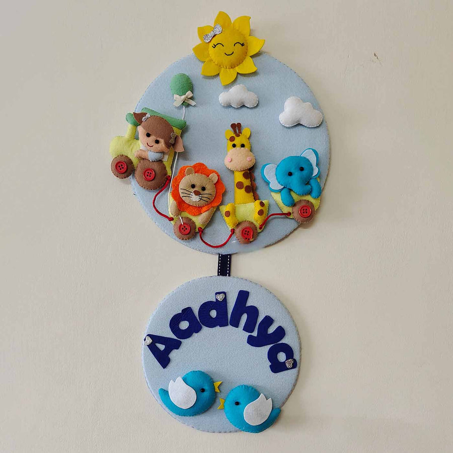 Hand Stitched Animal On Train Themed Felt Kids Name Plate - Hanging Wall Decoration Front View