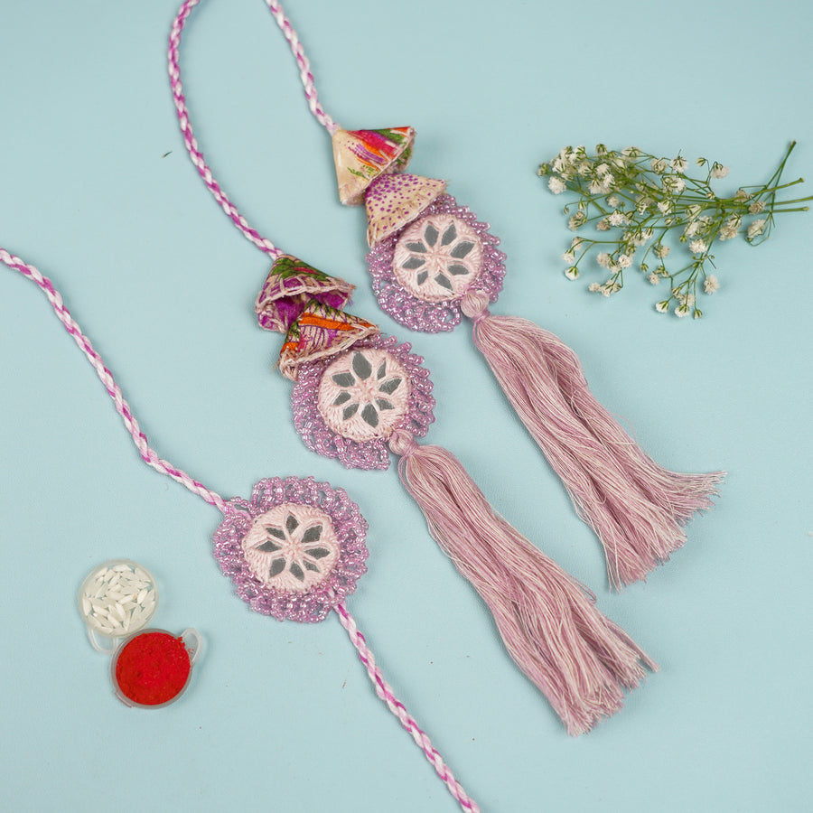 Handmade Reusable Lavender Mirror And Jhumki Rakhi For Bhaiya And Bhabhi - Top View with Additional Elements