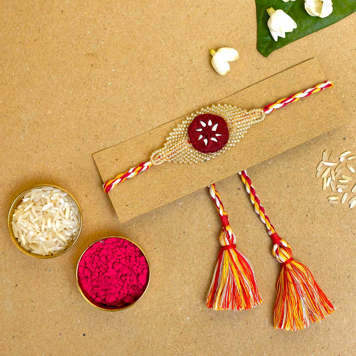 Handmade Beaded Elegance Rakhi With Roli Chawal - Rakhi with traditional items display