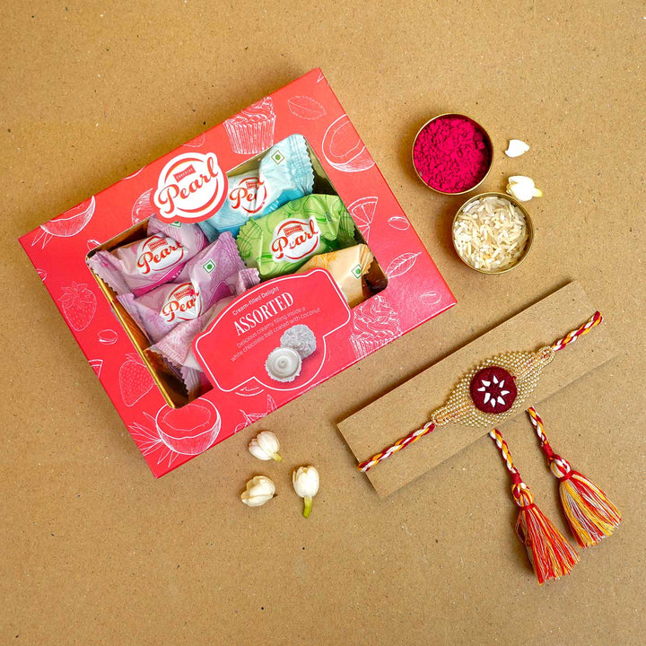 Handmade Beaded Elegance Rakhi With Roli Chawal - Rakhi with sweets gift setup
