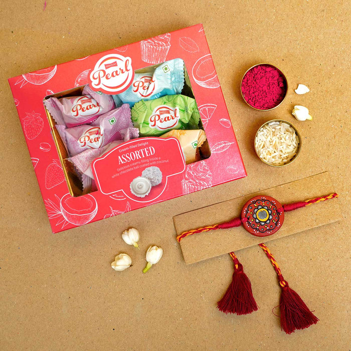 Hand Painted Taaramandal Terracotta Rakhi With Roli Chawal - Rakhi Gift Set Display