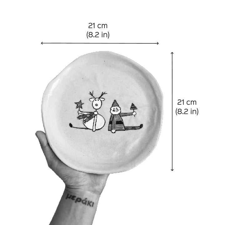 Handmade Christmas Santa & Reindeer Illustration 7 Inch Ceramic Plate | Set Of 2