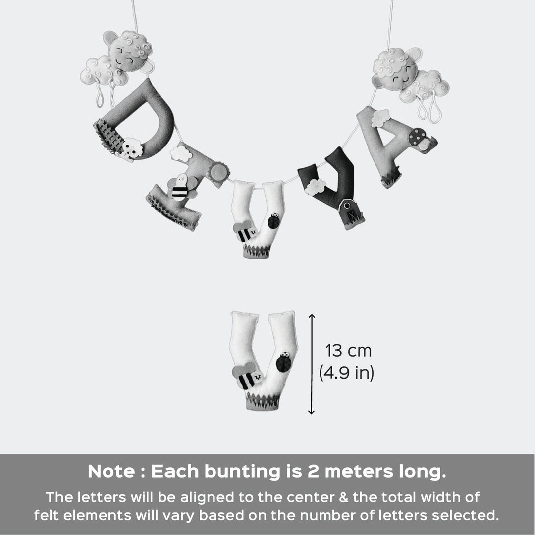 Personalized Fiona The Dinosaur Felt Bunting Garland For Kids - Hanging Letters with Size Reference