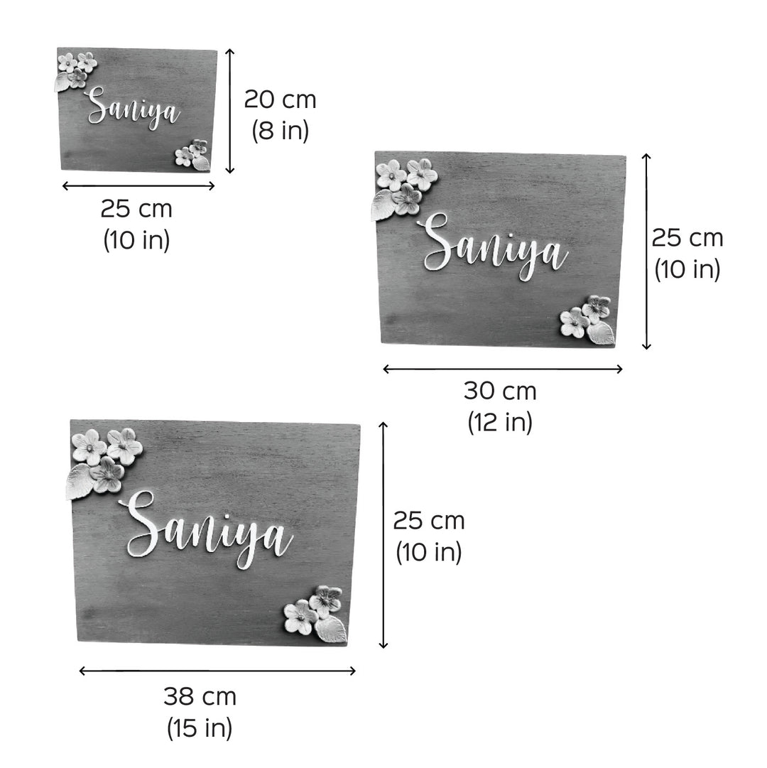 Personalized Handmade Floral Wooden Name Plate For Couples - Dimension Chart with Sizes