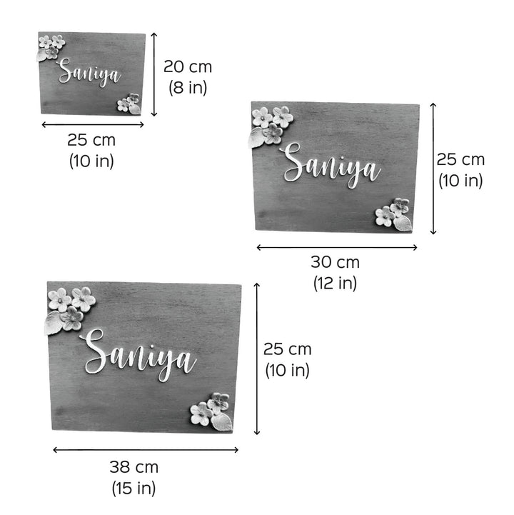 Personalized Handmade Floral Wooden Name Plate For Couples - Dimension Chart with Sizes