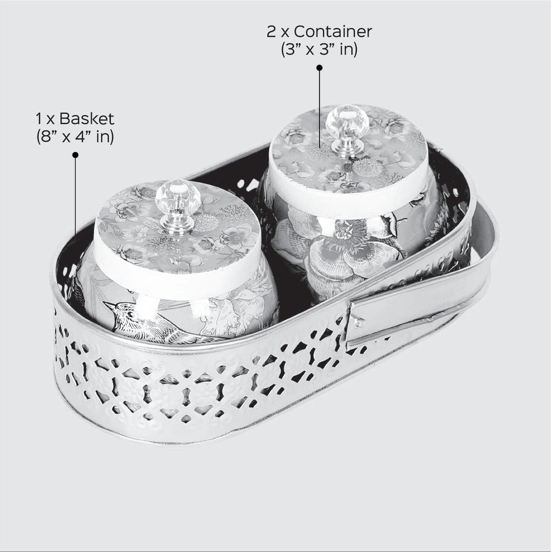 Handmade Peacock Print Jars With Basket | Set Of 3